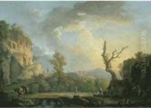 An Italian River Landscape With
Ruins, Travellers And A Roman Aqueduct, Possibly The Ponte De Maddaloni,
Naples by Carlo Bonavia
