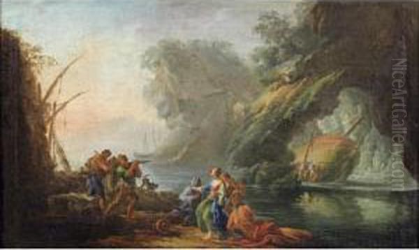 Un Paysage Mediteraneen Avec Des
 Personages En Avant Plan [circle Of Carlo Bonavia; A Mediteranean 
Lanscape With Figures In The Foreground; Oil On Canvas.] - view 1