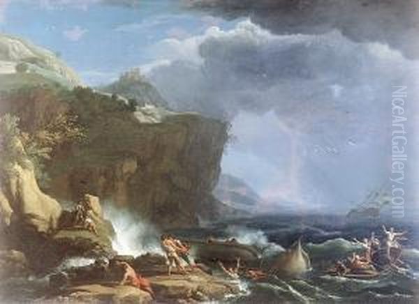 A Rocky Coastline In A Storm With Figures Rowing To Safety From A Shipwreck - view 1