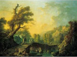 A River Landscape With Herders And Travellers Crossing A Bridge by Carlo Bonavia