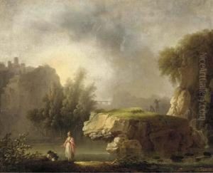 A Rocky River Landscape With Classical Figures In Theforeground by Carlo Bonavia