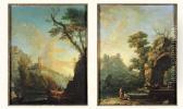 Promeneurs Et Pecheurs Dans Un Paysage De Riviere - view 1