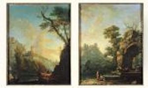 Promeneurs Et Pecheurs Dans Un Paysage De Riviere by Carlo Bonavia