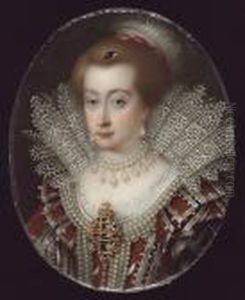 Anne Of Denmark (1574-1619),
Queen Consort, Wearing Red-brown Dress Trimmed With White Silk And
Pearls, Large Jewelled Brooch At Her Corsage, Pearl Necklace, Pendant
Pearl Earrings, Standing White Lace Collar, Jewel, Cerise Ribbon And
White Plume by Henry Pierce Bone