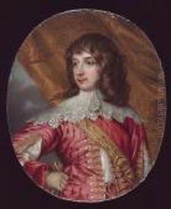 William Russell, 1st Duke And
5th Earl Of Bedford (1613-1700), Wearing Pink Doublet Slashed To Reveal
White, Wide White Lace Collar, Gold Sword Belt Across His Chest,
Embroidered Curtain Background by Henry Pierce Bone