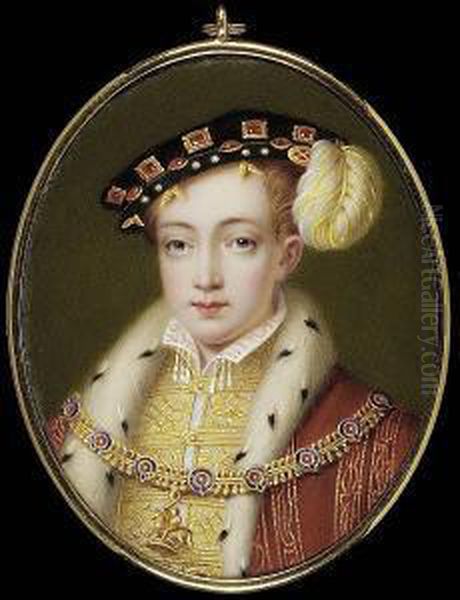 Edward Vi (1537-53), Wearing
Ermine Trimmed Gold Figured Red Robes Over Gold Figured Waistcoat And
White Collar With Tassels, Black Hat Set With Rubies And Pearls And With
A White Plume And Order Of The Garter Collar - view 1