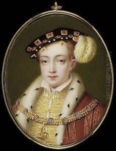 Edward Vi (1537-53), Wearing
Ermine Trimmed Gold Figured Red Robes Over Gold Figured Waistcoat And
White Collar With Tassels, Black Hat Set With Rubies And Pearls And With
A White Plume And Order Of The Garter Collar by Henry Pierce Bone