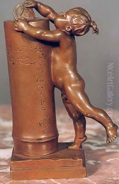 Chinese Boy Inserting a Coin into a Bank - view 1