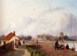 Elegant Company Leaving A Ferry On The Trekvliet, Voorburg by Joseph Bles