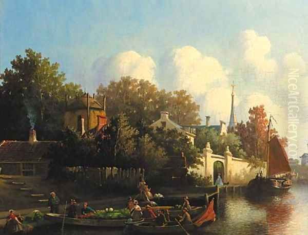 A village scene Merchants in rowing boats - view 1