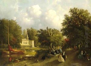 Elegant figures on a sunday morning having a pick-nick by Joseph Bles