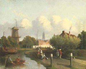 A busy canal near a Dutch town by Joseph Bles