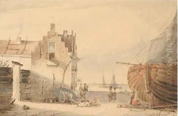 Figures by a house on the beach - view 1