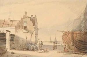 Figures by a house on the beach by Joseph Bles