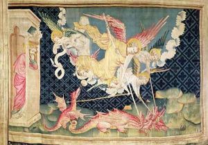 St. Michael and his angels fighting the dragon, no.36 from 'The Apocalypse of Angers' 1373-87 by Nicolas Bataille