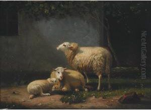 Sheep In A Farmyard; Sheep In A Pasture by Auguste Bonheur