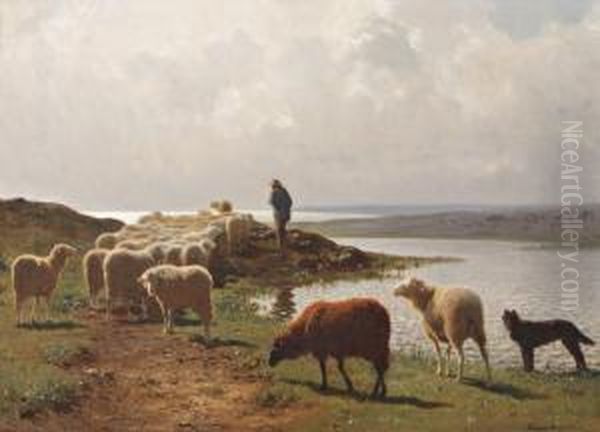 Berger Et Son Troupeau, Pres Du Rivage - view 1