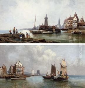 Waiting For The Catch; And Fishing Off A Northern European Town by Ferdinand Bonheur