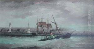 "ferry Mixte A Aubes Croisant Un
 Trois-mats Mixte Par Forte Mer Devant Un Port De Manche". by Ferdinand Bonheur