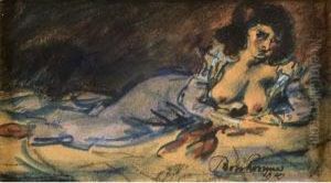 Femme Allongee A La Robe Bleue by Leon Bonhomme