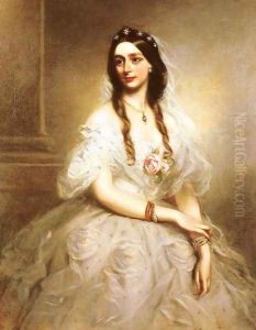 Portrait of Mrs C.W.Stoughton, three-quarter length, wearing a white dress
