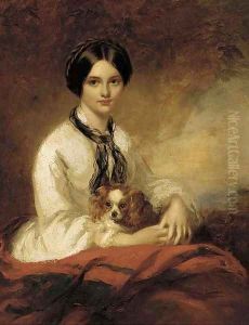 Portrait of Lady Fletcher, nee Agnes Wilson, seated half-length, in a white blouse, with a spaniel in her arms by Richard Buckner