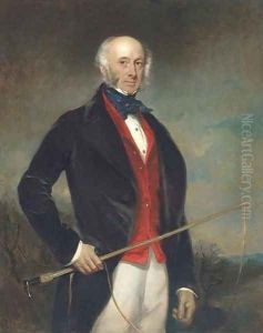 Portrait of Sir Charles Morgan Robinson Morgan, 1st Baron Tredegar, three-quarter-length, in a black coat and red waistcoat, holding a riding crop by Richard Buckner