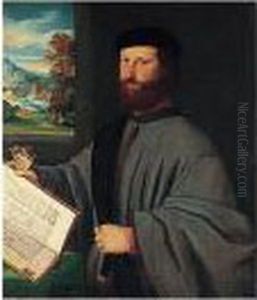 A Portrait Of A Gentleman, 
Half-length Standing, Holding A Book And Gloves In His Right Hand, A 
View Of A Landscape With A Couple Embracing Under A Tree Visible Through
 A Window Beyond