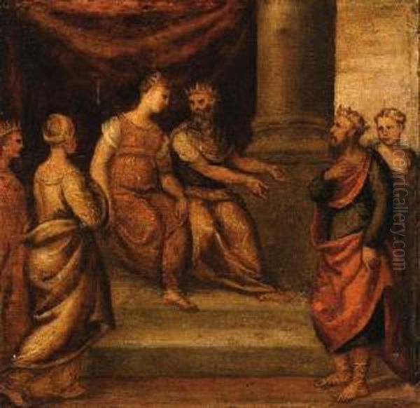 Mythological Scenes: A King
Being Presented To A Queen; And An Oldwoman Holding A Spindle With A
Young Woman Beside A Cave - view 1