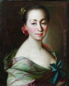 Portrait De Jeune Femme A La Robe Ornee D'un Noeud Bleu by Giuseppe Bonito
