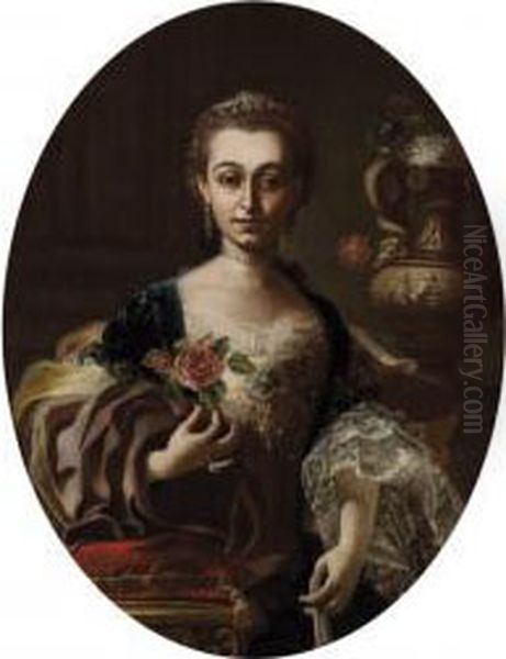 Ritratto Di Una Dama Con Fiore Eventaglio, Con Un Prezioso Vaso Decorato Sullo Sfondo - view 1