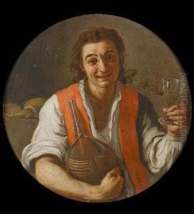 A Peasant Man Holding A Carafe And A Glass Ofwine
