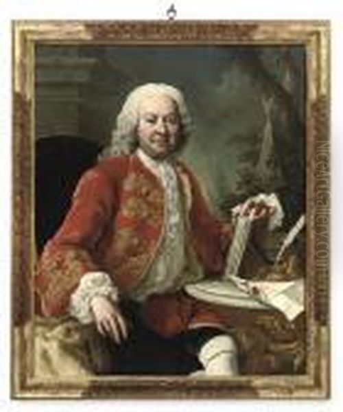 Portrait Of A Gentleman, Seated
Three-quarter-length In Ascarlet Coat With Gold Embroidery, At A Table
With A Letter And Aninkwell And Pen - view 1