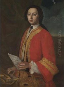 Portrait Of A Gentleman, Half 
Length, Holding A Sheet Of Music And Standing Before A Spinnet