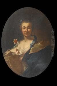 Portrait Of A Lady, Half-length,
 In A White Dress With A Blue And Gold Wrap And Blue Ribbons In Her 
Hair, Holding A Flower by Giuseppe Bonito