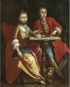 Portrait Of A Pair Of Noble 
Children, Full Length, Seated At A Table Playing Draughts, A Small Dog 
Seated Below