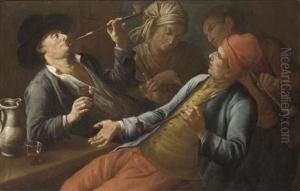 Peasants Drinking And Smoking In An Interior by Giuseppe Bonito