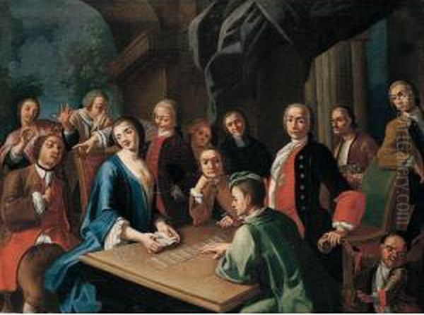 Elegant Figures Playing Cards At A Table - view 1