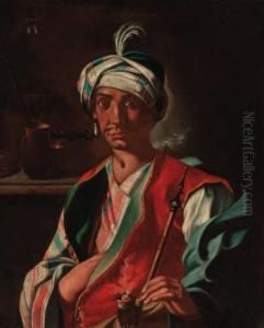 An Oriental Man, In A Plumed Turban, Smoking A Hookah