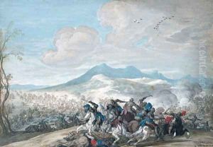 A cavalry skirmish in an extensive mountainous landscape by Johann Wilhelm Baur