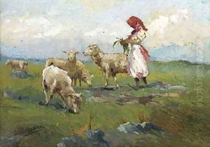 Una pastorella con pecore by Leonardo Bazzaro