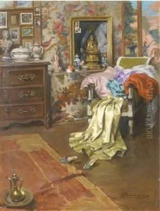 Interieur D'atelier; Femme Au Pied D'un Arbre: Reflets De Soleil by Alexandre-Francois Bonnardel