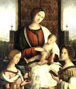 Madonna and Child with Sts Mary Magdalene and Catherine of Alexandria 2 by Bernardino di Bosio (see ZAGANELLI)