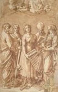 Five Standing Saints With Angels Above