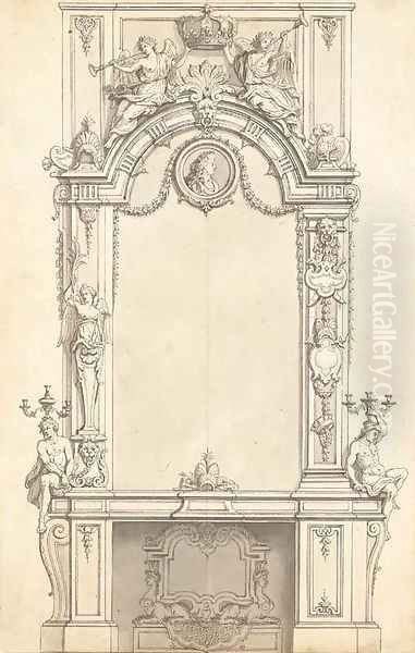 A design for a fireplace below a mirror decorated with a medallion of King Louis XIV and two Allegories of Fortune holding the Royal Crown - view 1