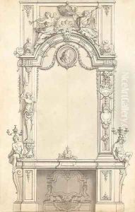 A design for a fireplace below a mirror decorated with a medallion of King Louis XIV and two Allegories of Fortune holding the Royal Crown by Jean I Berain