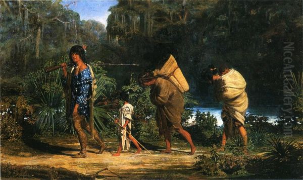 Louisiana Indians Walking along a Bayou - view 1