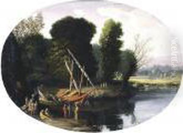 An Italianate River Landscape With Figures Gathered Round A Fire, Boats Moored Nearby - view 1