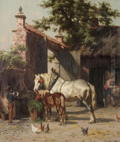 Horse And Foal Near A Stone Gateway With Stable Boy And Knife Grinder - view 1