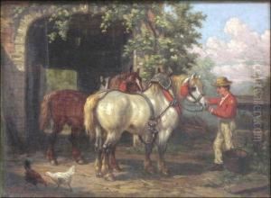 Farm Yard With Horses by Willem Jacobus Boogaard